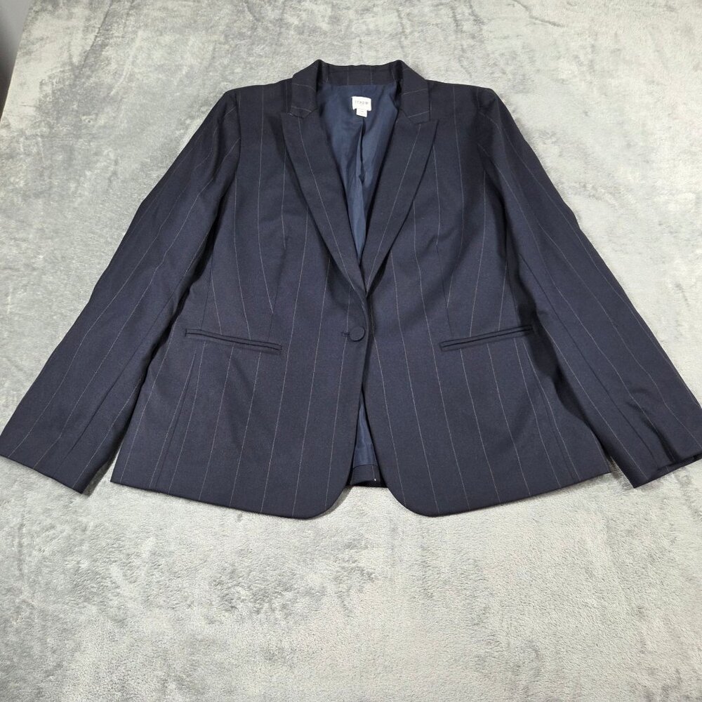 J Crew Blazer Womens 16 Navy Pinstripe One Button Office Preppy Academia Jacket